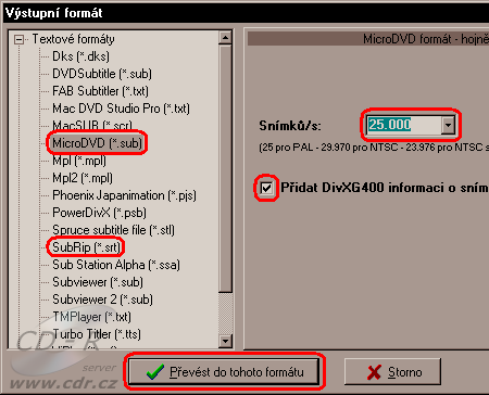 Subrip výběr sub formátu