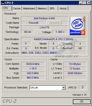 CPU-Z - Pentium 4 640 na 3,2 GHz přetaktované na 3,8 GHz
