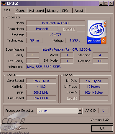 CPU Z: testovací P4 Prescott 3,6GHz