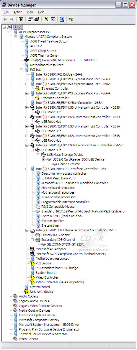 ASUS Eee PC: Obsah Správce zařízení ve Windows XP před instalací