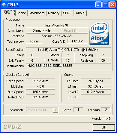 MSI Wind U100: CPU-Z při OC