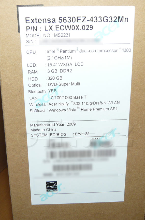 Krabice s notebookem Acer - konfigurace