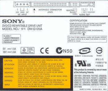 Sony DW-G120A - výrobní štítek