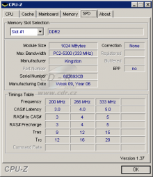 CPU-Z - informace ze SPD pamětí Kingston DDR2-750 CL4