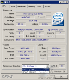 CPU-Z 1.35 - Windows XP - CMT vypnuto - první jádro je Core 1