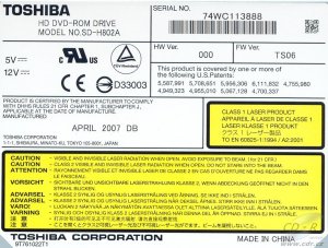 Toshiba SD-H802A - výrobní štítek