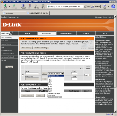 D-Link DAP-1160 v režimu WISP: Port Forwarding