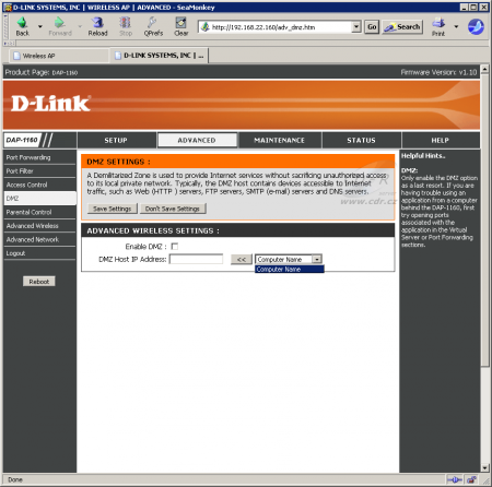 D-Link DAP-1160 v režimu WISP: Demilitarized Zone