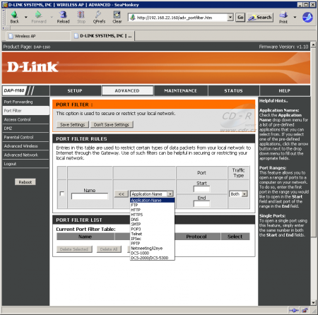 D-Link DAP-1160 v režimu WISP: Port Filter