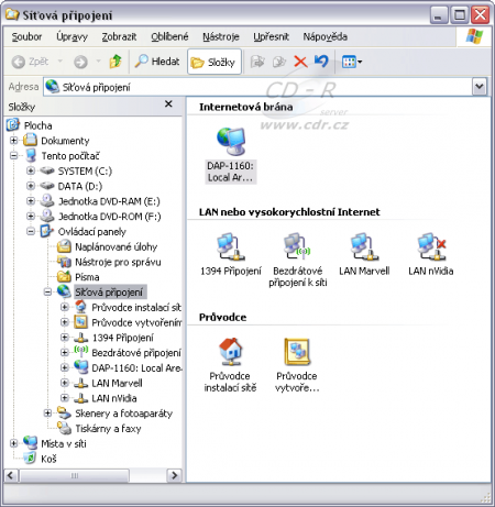 Brána do internetu zobrazená ve Windows XP