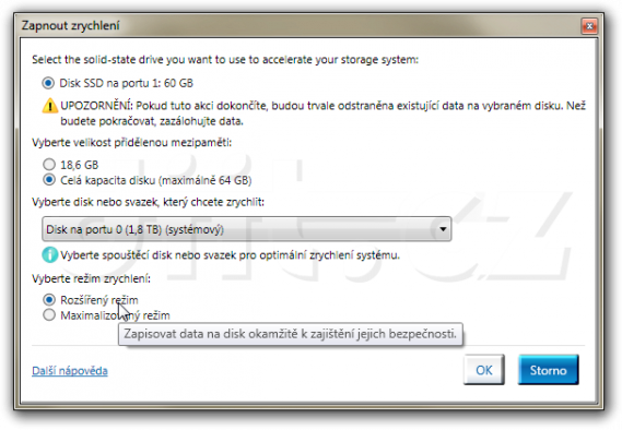 Intel Rapid Storage: Zrychlení - rozšířený režim
