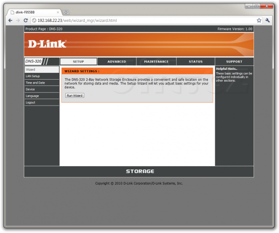 D-Link DNS-320: základní obrazovka uživatelského rozhraní (firmware 1.00)