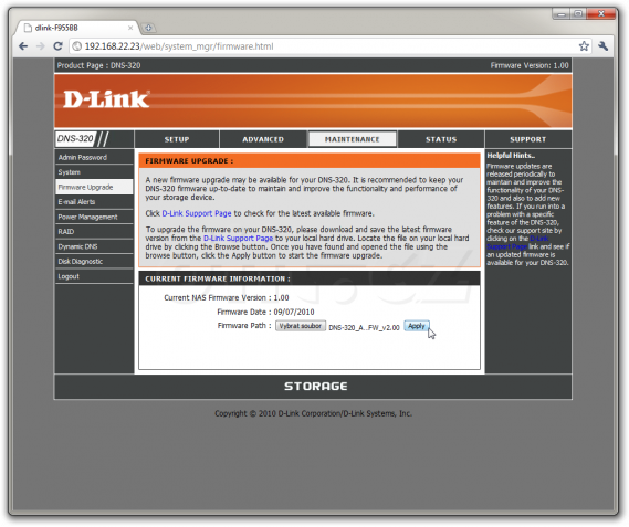 D-Link DNS-320: Maintenance - vybrání firmwaru k aktualizaci