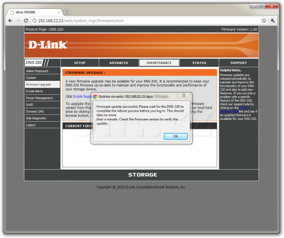 D-Link DNS-320: Maintenance - aktualizace firmware dokončena