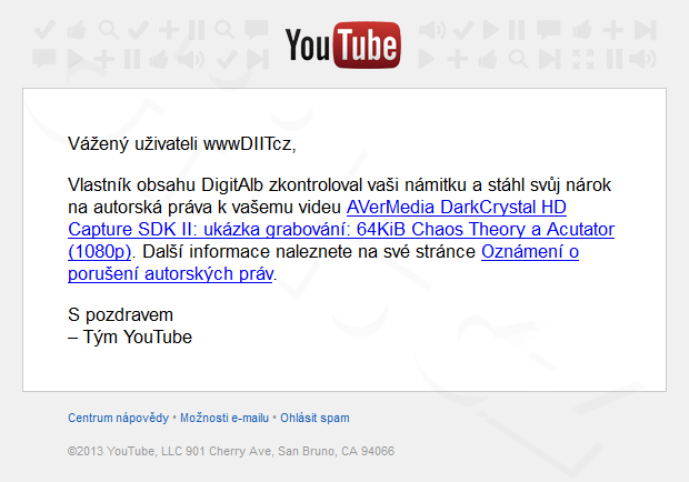 E-mail od YouTube o stažení nároku DigitAlb na autorská práva