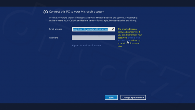 13 Windows 8.1 - Microsoft account se nepovedl - nabídka lokálního účtu