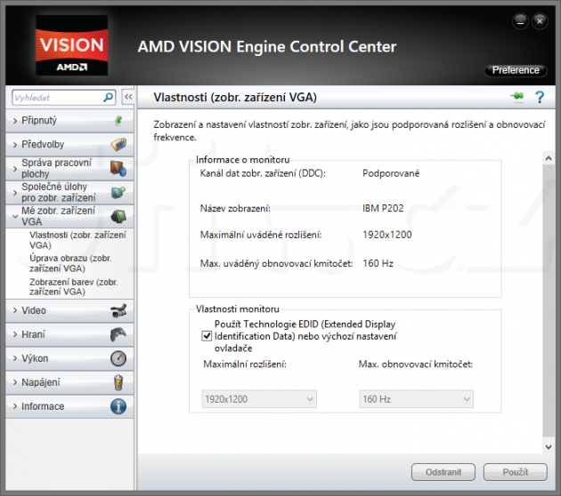 AMD Vision Engine Control Center - informace o monitoru IBM P202