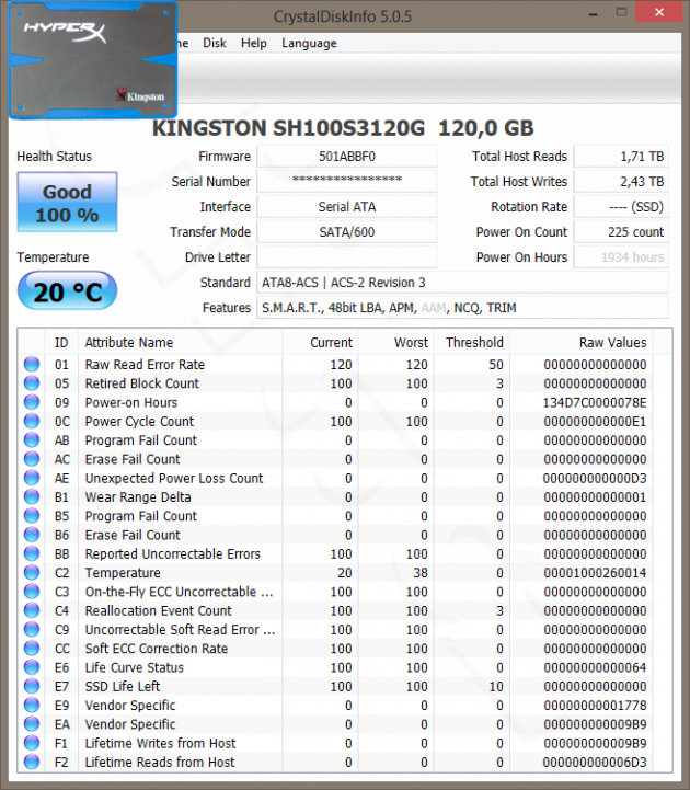 CrystalDiskInfo - Kingston HyperX „5K“ 120GB