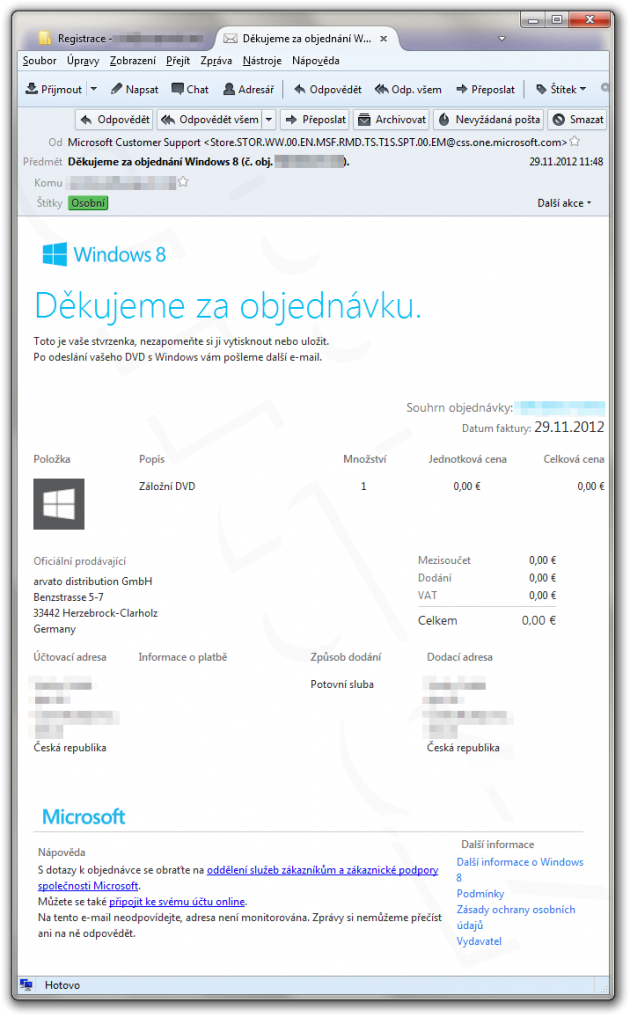 Druhý mail s objednávkou záložního disku Windows 8 Pro