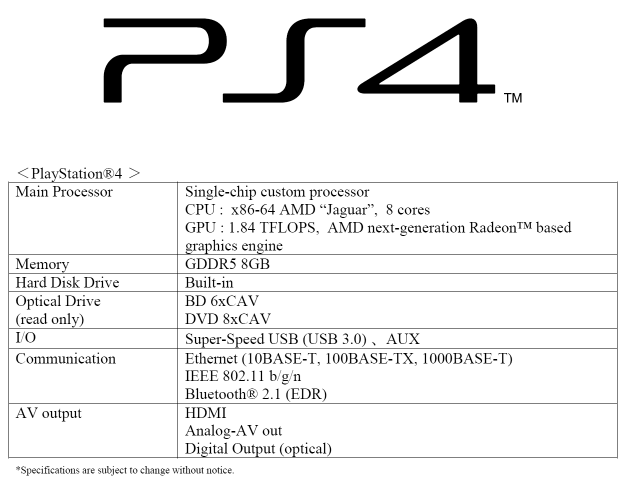 Sony Playstation 4 specifikace Q1 2013