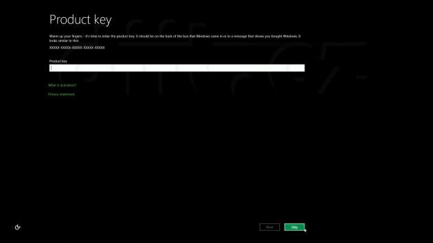 Dotaz na produktový klíč (Windows Developer Preview při spouštění z USB disku)