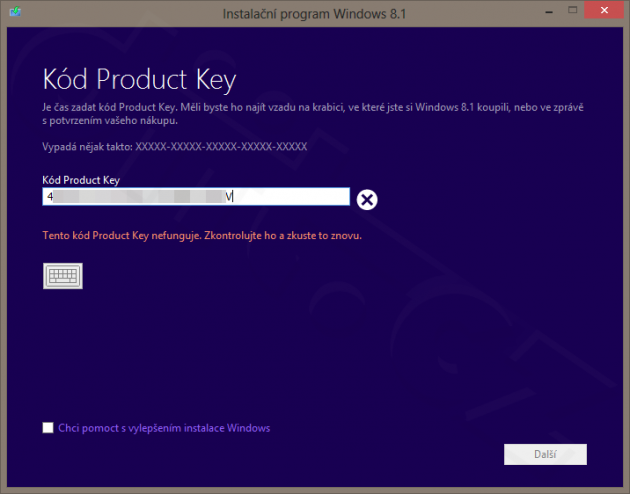Instalační program Windows 8.1 - nefunkční kód z Windows 8