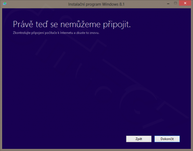 Instalační program Windows 8.1 - není možné se připojit