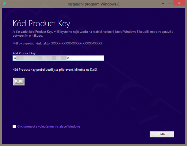 Instalátor Windows 8 - kód prošel