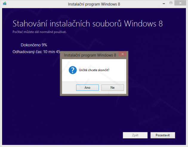Instalátor Windows 8 - přerušení stahování