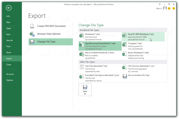 Office 2013 Preview - Excel - Export