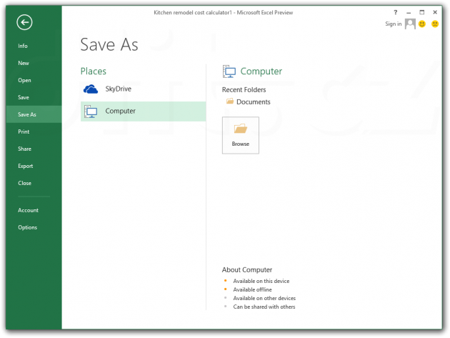 Office 2013 Preview - Excel - Save As