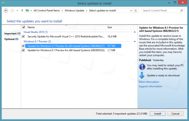 Windows 8.1 - Windows Update - důležité aktualizace