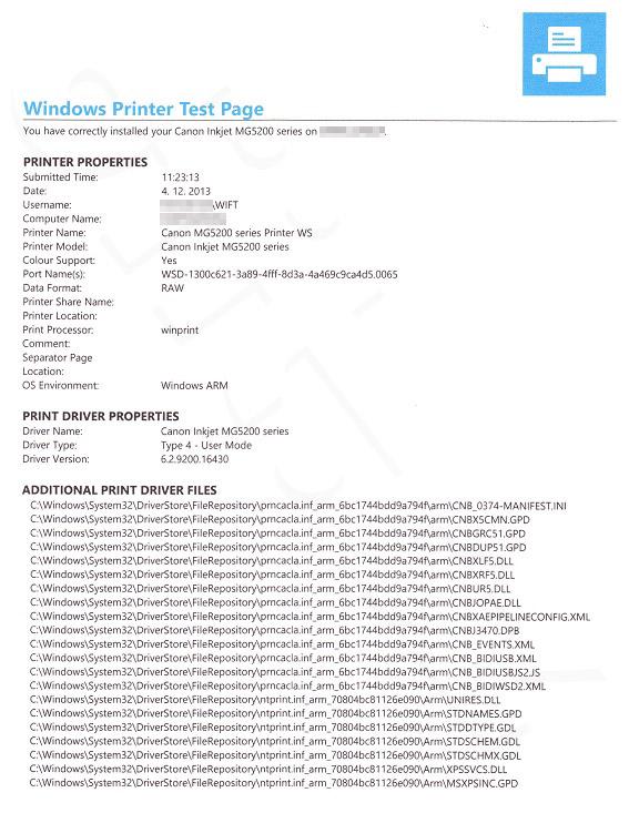 Windows RT - zkušební stránka tiskárny