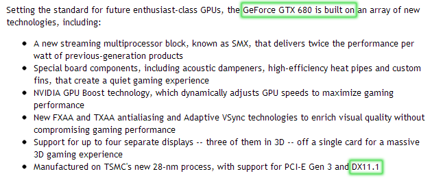 Nvidia Kepler GeForce GTX 680 DirectX 11.1