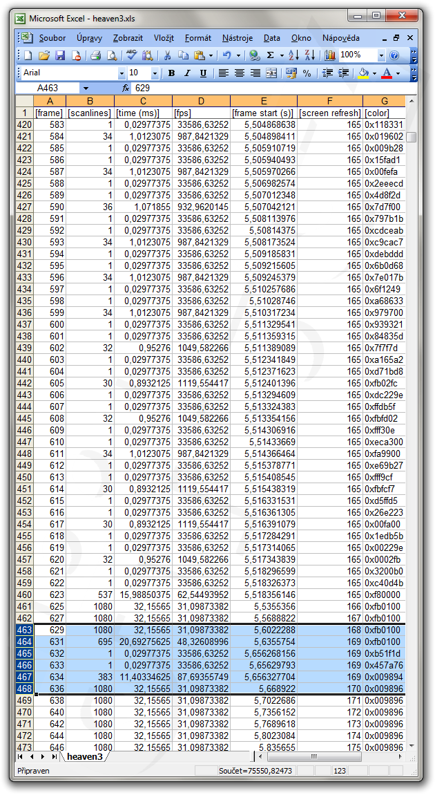 Ukázka výstupu v Excelu - komprimovaný záznam H.264