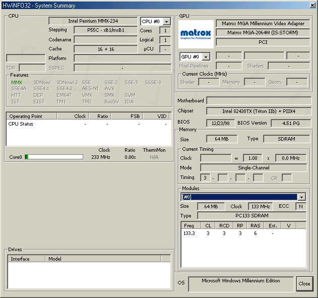 HWiNFO32 - Gigabyte GA-586T2, Pentium MMX 233 MHz, Matrox Millennium, Windows ME