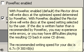 Plextor PX-712A - Nero: poznámka k vypnutí PoweRec