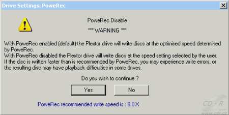 Plextor PX-712A - PlexTools: výstraha k vypnutí PoweRec