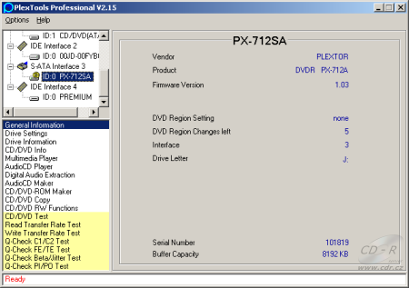 Plextor PX-712SA - detekce v PlexTools