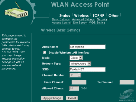 OvisLink WL 1120A - nastavení wireless