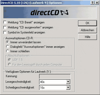 WinOnCD 5.0: DirectCD optionen