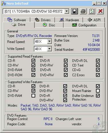 Toshiba SD-R5372 - Nero InfoTool