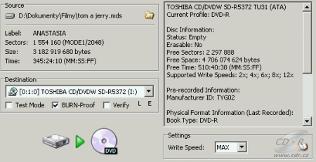 Toshiba SD-R5372 - DVD Decrypter povolené rychlosti zápisu