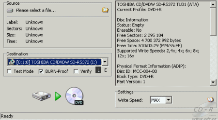 Toshiba SD-R5372 - DVD Decrypter povolené rychlosti zápisu DVD+R