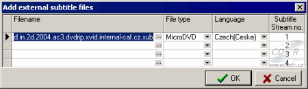 DVD2SVCD - okno pro zadání externích titulků