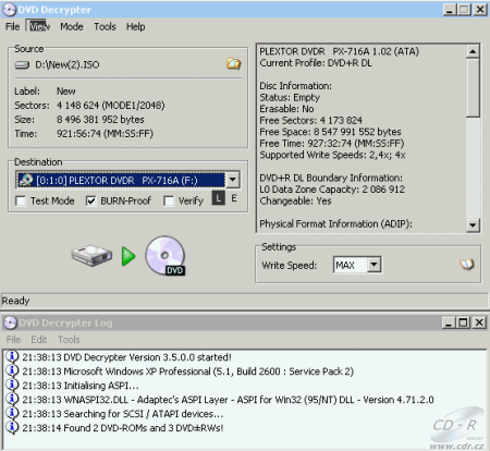Plextor PX-716A - DVD Decrypter zápis DVD+R DL Verbatim 2,4×@4×