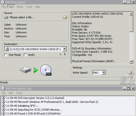 LiteOn SOHW-1653S - DVD Decrypter zápis DVD+R DL