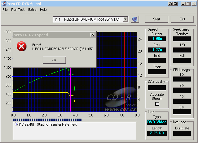 Plextor PX-130A - CDspeed čtení DVD-video dual layer chyba