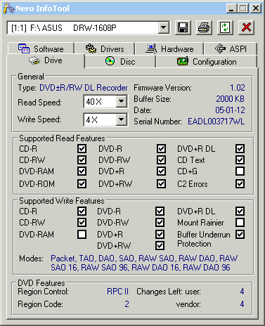 ASUS DRW-1608P - Nero InfoTool