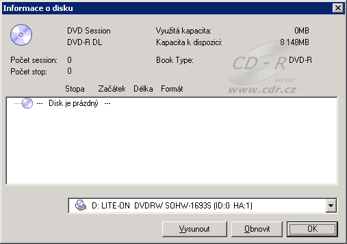 Nero - informace o disku: Prázdné DVD-R DL médium